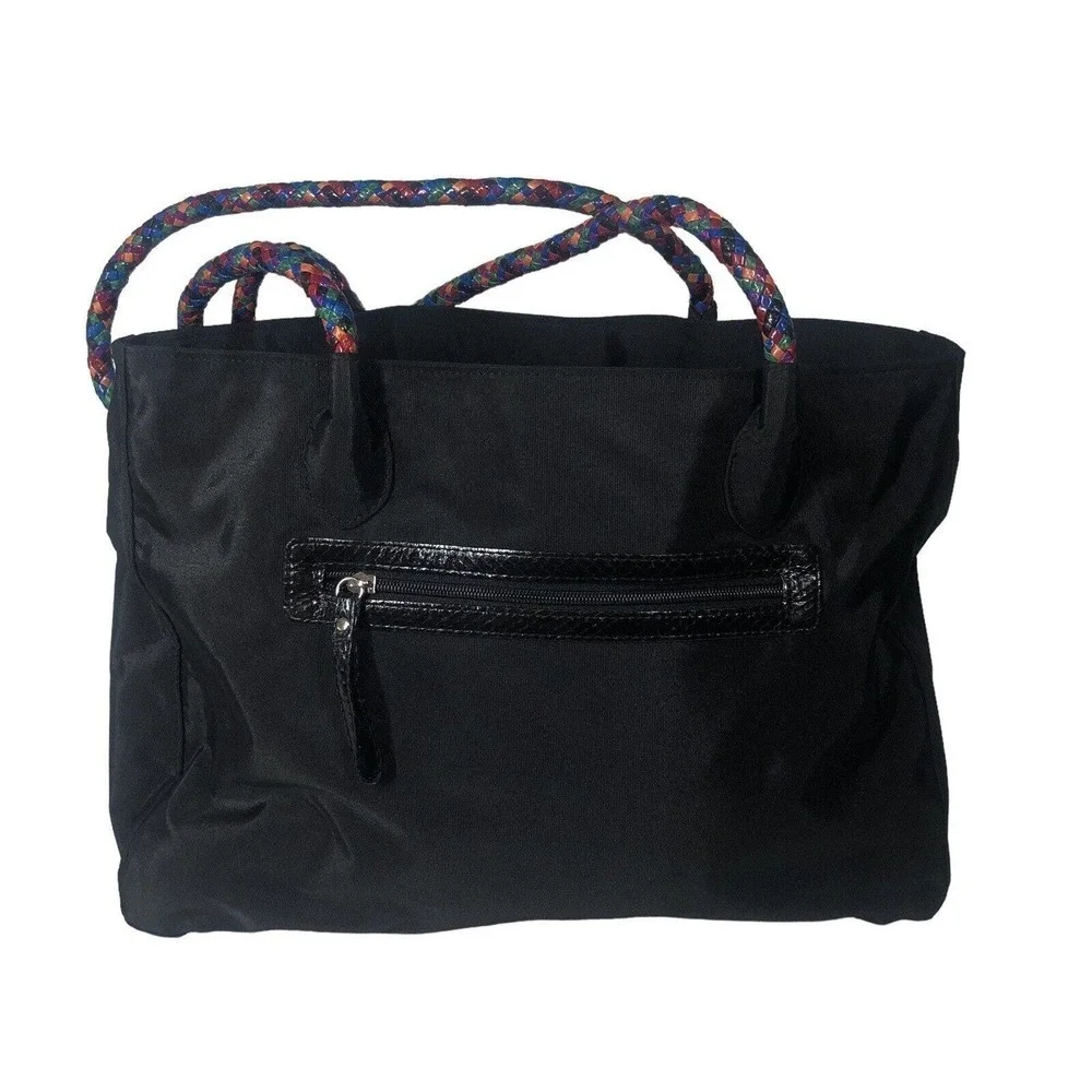 Dan W Black Nylon and Leather Floral Oversized‎ Tote 1990's Statem Bag Vintage